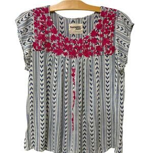 Savanna Jane | Top Embroidered Blue Pink Floral V Neck Boho Peasant- Large